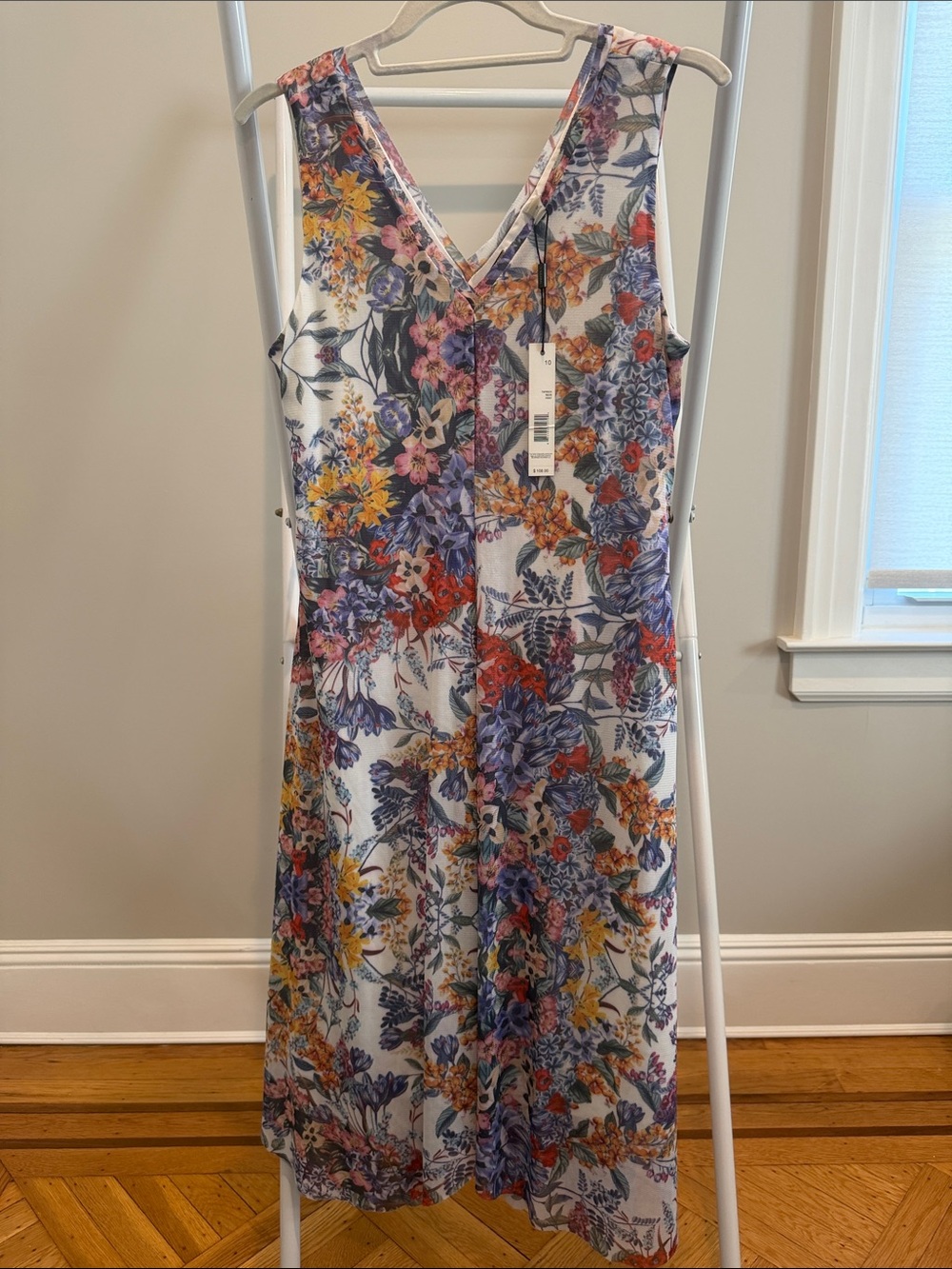 Tahari Vintage Floral White Midi Dress with Multicolor Floral - lined & flowy